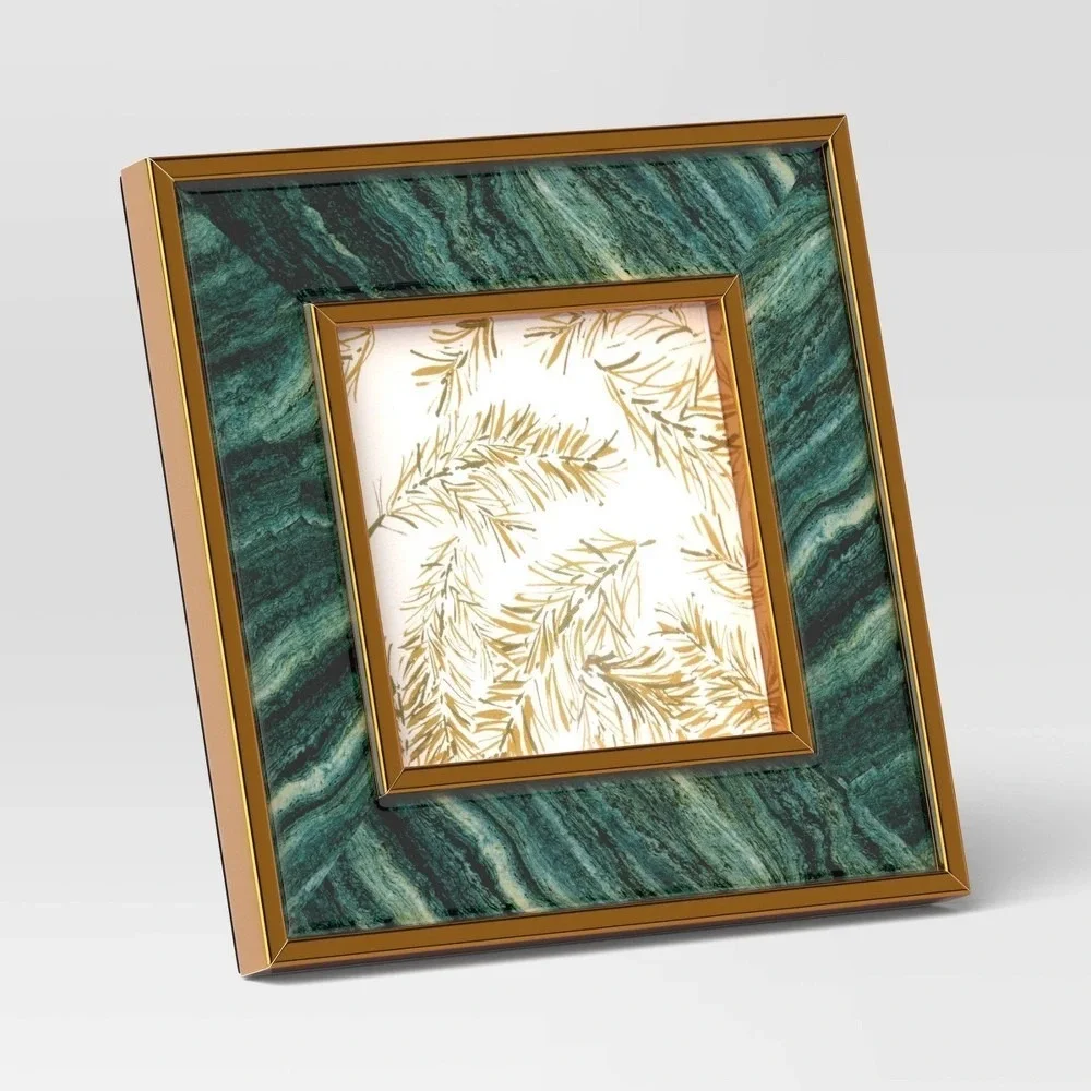 Threshold Marble Look Table Picture Frame 4x4 Green Gold Trim Tabletop Photo NWT